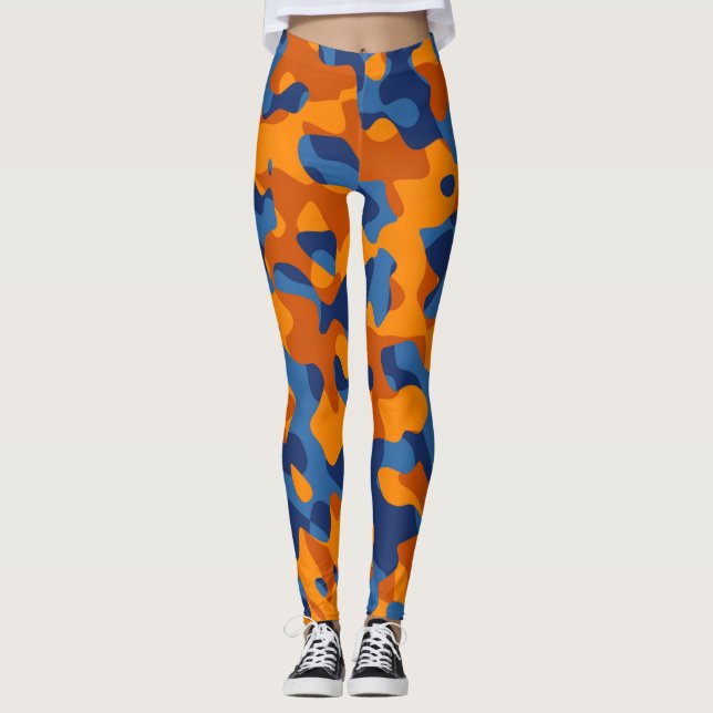 Blå Orange Camouflage Skriv ut Mönster Leggings (Framsida)