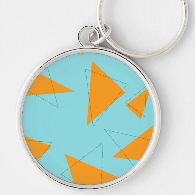 Blå,orange, coola, trendig, modern triangel mönste rund silverfärgad nyckelring (Framsidan)