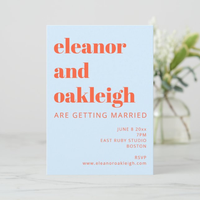 Blå Orange Fet Typografi Minimalistisk Bröllop Inbjudningar (Stående Fram)