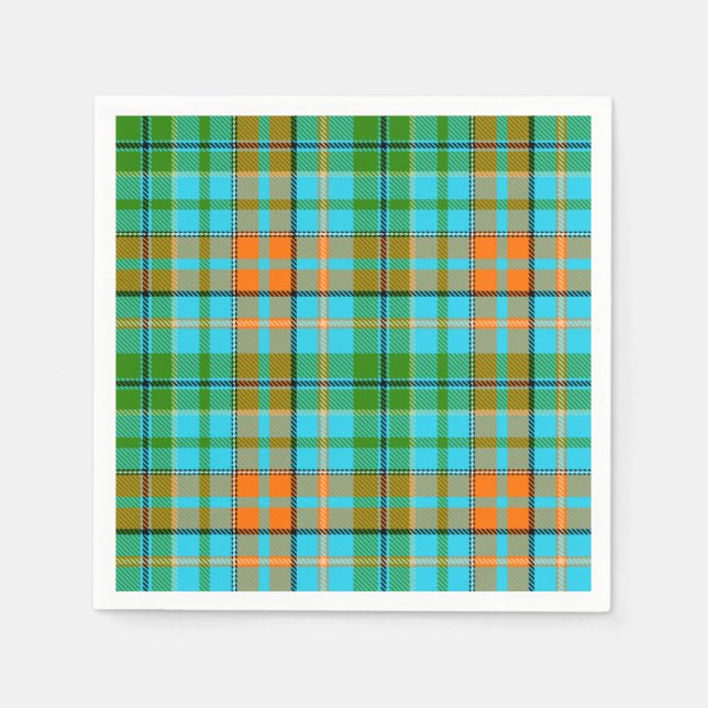 Blå Orange Grön Plaid Tartan Design  Pappersservett (Framsidan)
