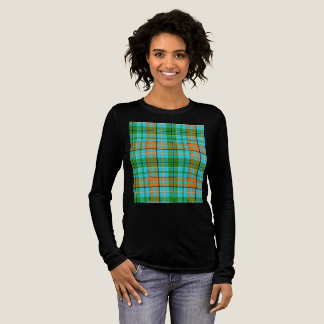 Blå Orange Grön Plaid Tartan Design  T Shirt (Hel framsida)
