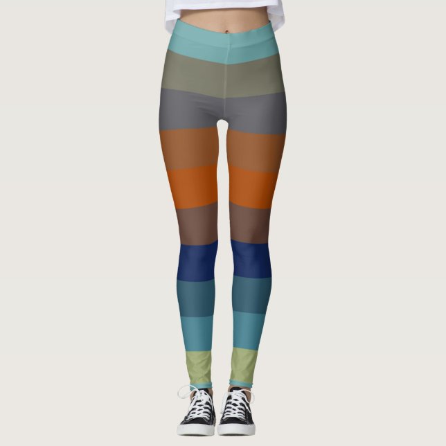 Blå, orange, gröna och grå ränder leggings (Framsida)