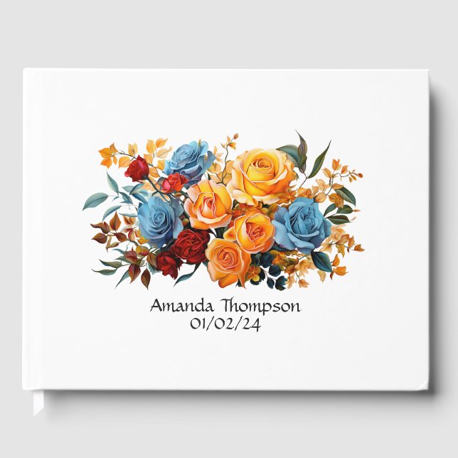 Blå, Orange, Gul och Röd Blommig Bröllopsbok Gästböcker (Framsida)