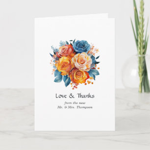 Blå, orange, gul och röd blomsterbröllopsfoto tack kort