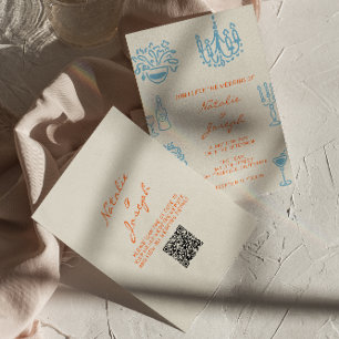 Blå Orange Handritad Whimsical QR-kod Bröllop Inbjudningar