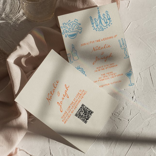 Blå Orange Handritad Whimsical QR-kod Bröllop Inbjudningar (Skapare uppladdad)