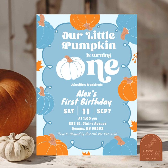 Blå Orange Kul Pumpa Första Födelsedag Inbjudningar (Skapare uppladdad)