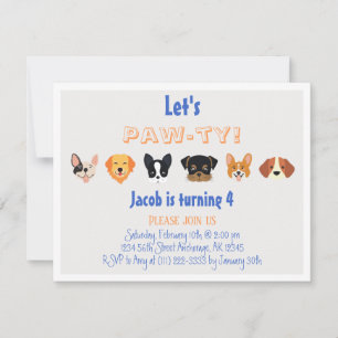 Blå Orange Låt oss Pawty Puppy Boy Födelsedagsfest Inbjudningar