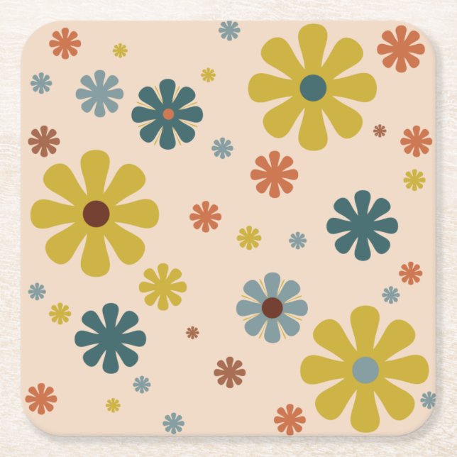 Blå Orange med Flower Power Retro 60 s Mönster, Mu Underlägg Papper Kvadrat (Framsidan)