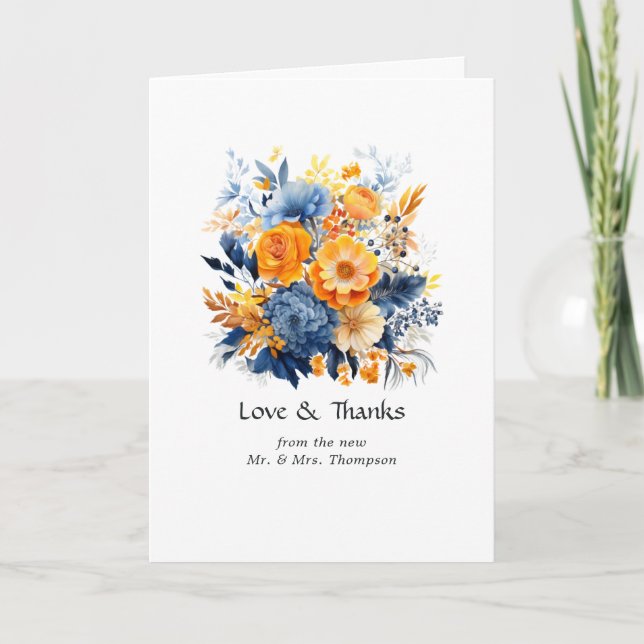 Blå, Orange och Gul Blommig Bröllop Tack Kort (Framsida)