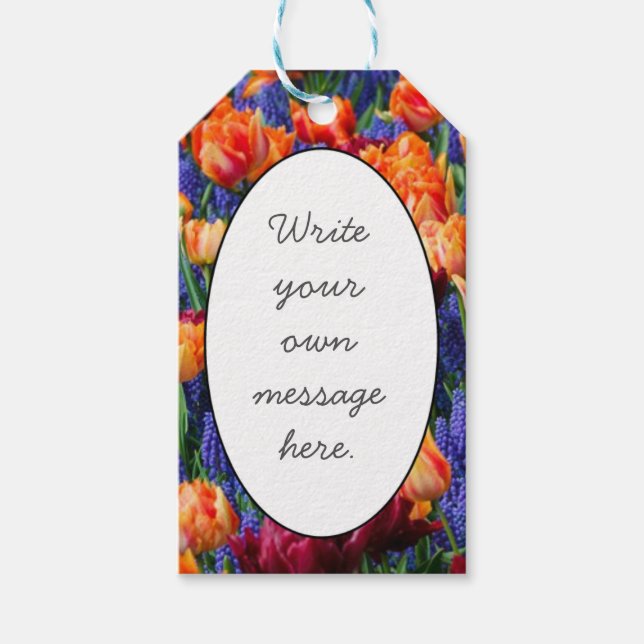 Blå, Orange och röda blommor Presentetikett (Framsidan)