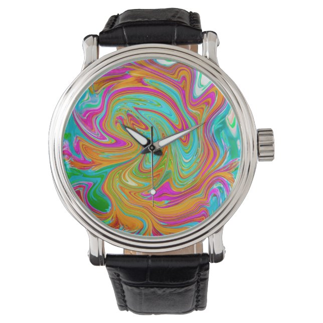 Blå, Orange och Varmt Rosa Groovy Abstrakt Retro Armbandsur (Framsida)