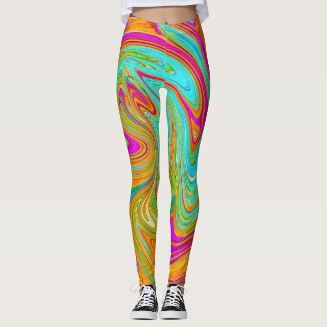 Blå, Orange och Varmt Rosa Groovy Abstrakt Retro Leggings (Framsida)