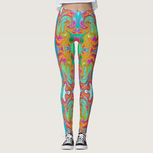 Blå, Orange och Varmt Rosa Groovy Abstrakt Retro Leggings (Framsida)