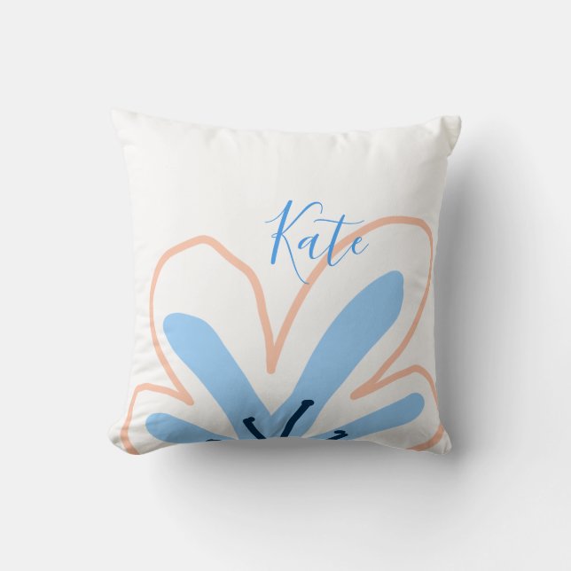 Blå orange pastellblomma lägg till namn boho retro kudde (Framsida)