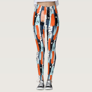 Blå Orange Penseldrag Abstrakt Mönster Leggings