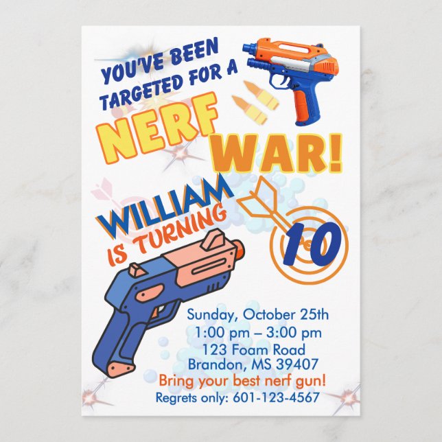 Blå Orange Pojkar BD Fest - Nerf Krig 10-årsdag Inbjudningar (Framsida)