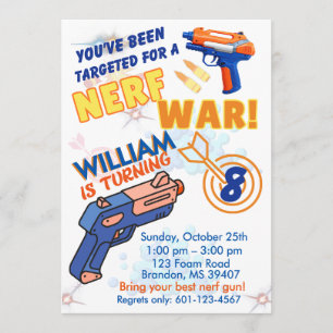 Blå Orange Pojkar BD Party- Nerf Krig 8-årsdag Inbjudningar