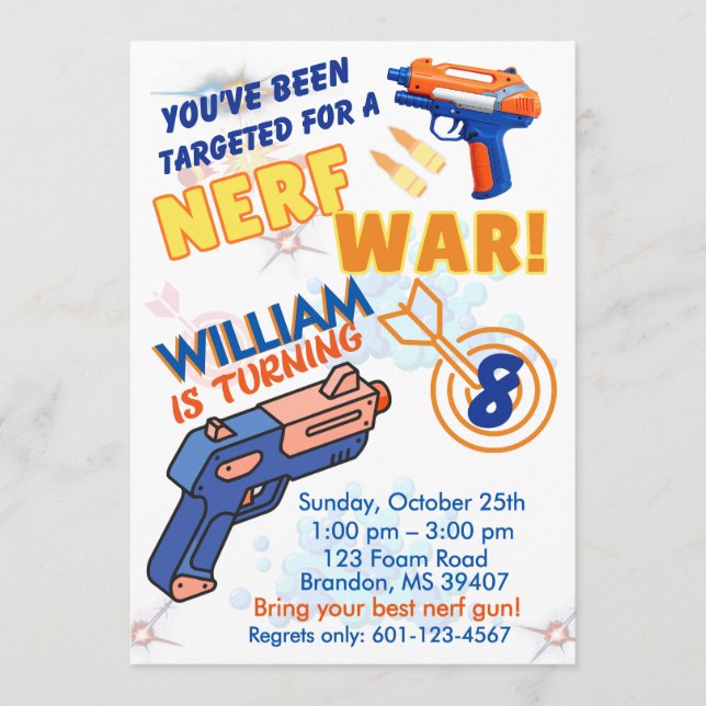 Blå Orange Pojkar BD Party- Nerf Krig 8-årsdag Inbjudningar (Framsida)