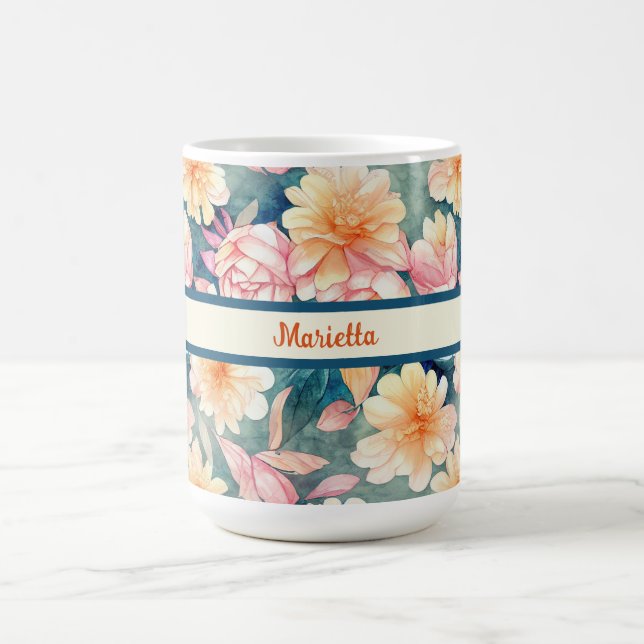 Blå, Orange, Röd, Blommigt med vattenfärg, Personl Kaffemugg (Center)