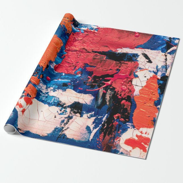 Blå, orange, röd och svart målning presentpapper (Utrullad)