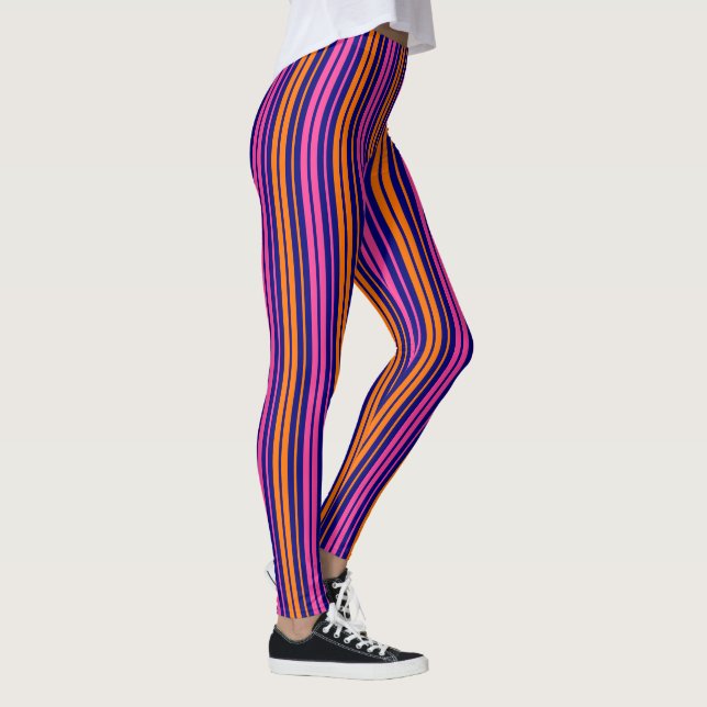 Blå Orange Rosa Vertikalt Randigt Mönster   Leggings (Höger)