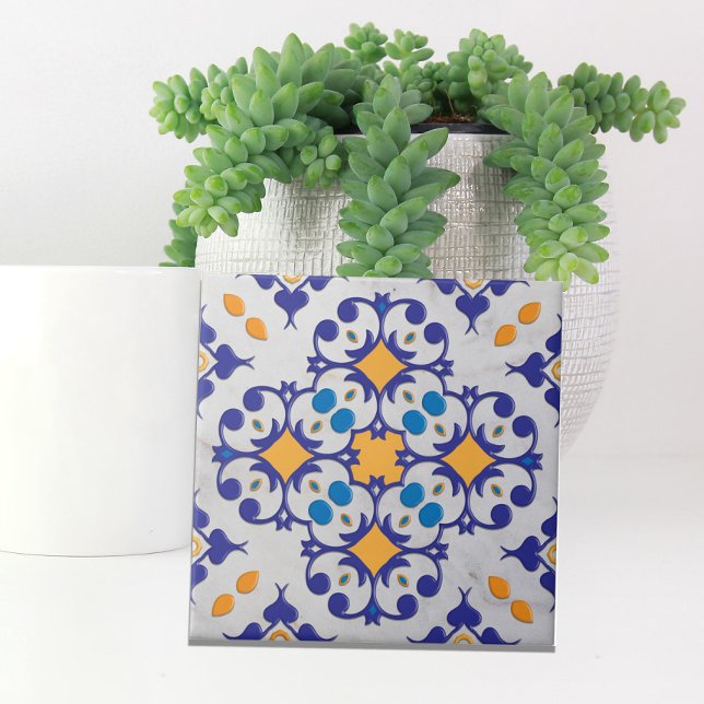 Blå Orange Vita marble Portugals Motifs Kakelplatta (Skapare uppladdad)