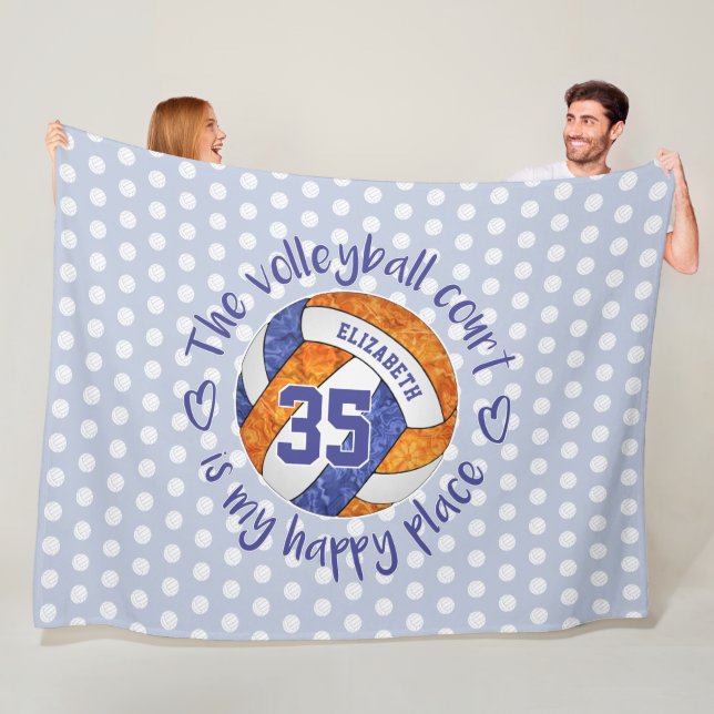 blå orange Volleyball-domstolen är min lycklig stä Fleecefilt (På plats)