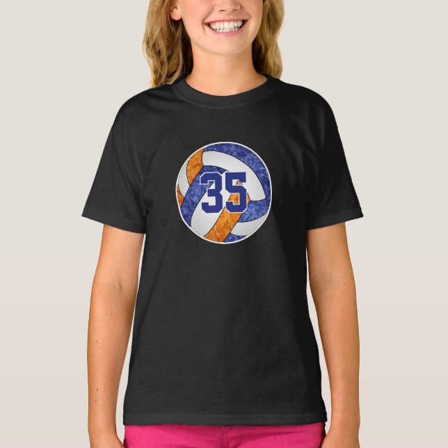 Blå orange volleyball-team hennes jersey-nummer t shirt (Framsida)