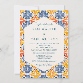 Blå Orangen Bröllop i blomman, Gult Inbjudningar