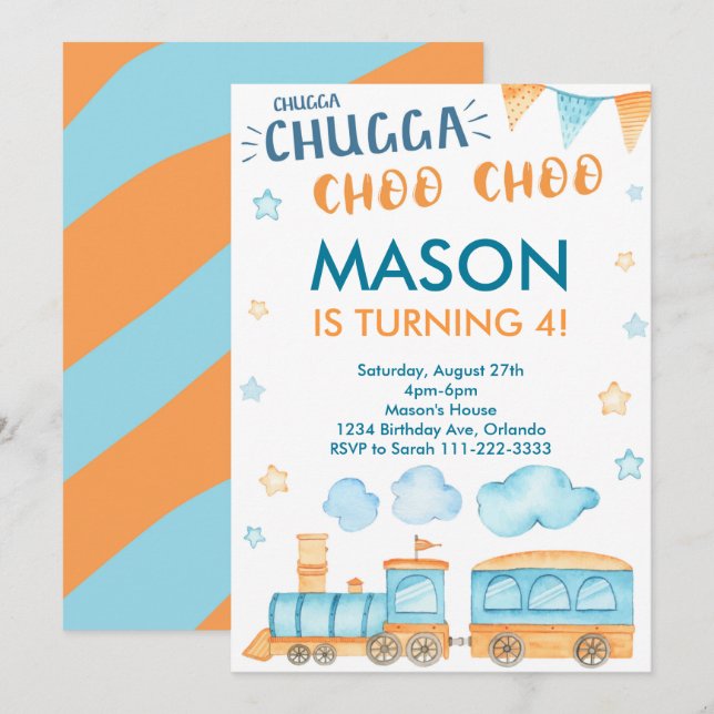 Blå Orangen Tåg Födelsedagsfest inbjudan (Fram/baksida)