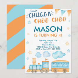 Blå Orangen Tåg Födelsedagsfest inbjudan