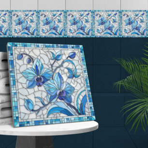 Blå orchid Flower Mosaic Art Kakelplatta