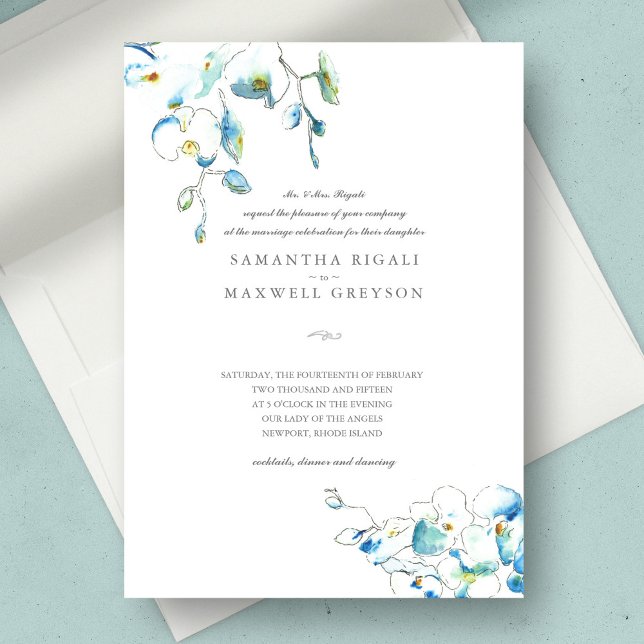 Blå orchid Watercolor Flowers Bröllop Inbjudningar (hand drawn wedding invitations features watercolor blue flowers with line art. )