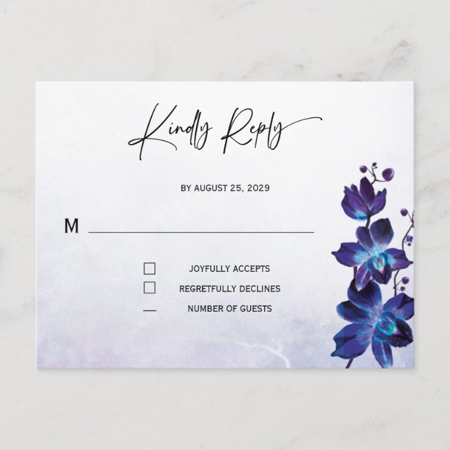 Blå Orkidé Bröllop RSVP-kort Minimalistisk | Utskr Vykort (Framsida)