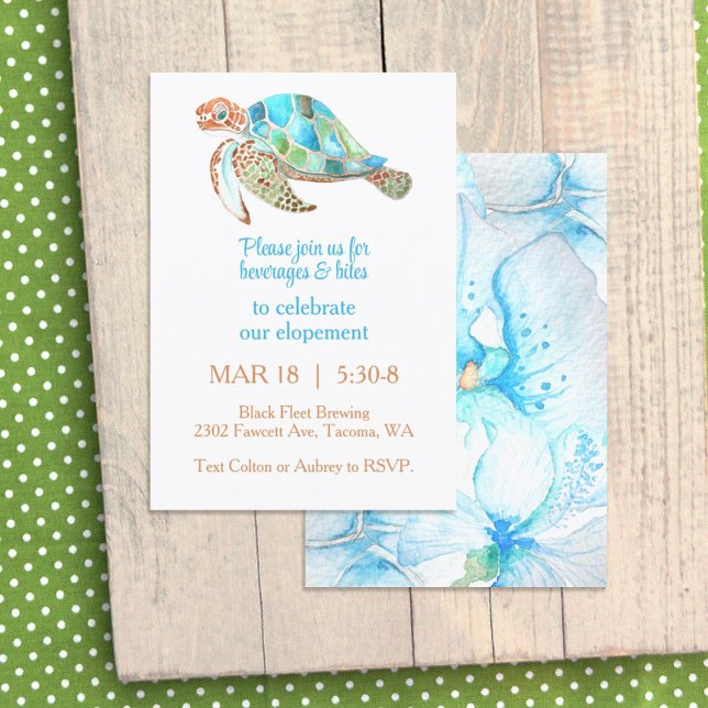 Blå orkidé, Sea Turtle Elopement Reception Party Inbjudningar (tropical sea turtle blue turquoise aqua watercolor orchid elopement after-party reception dinner)