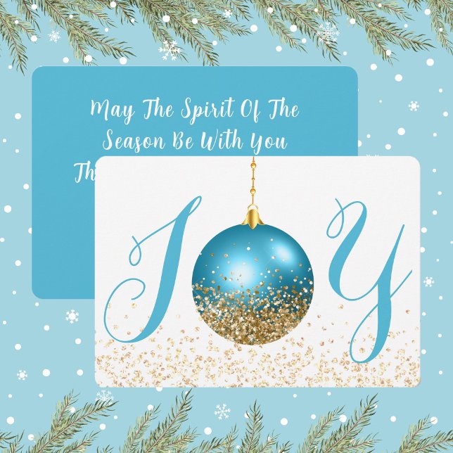 Blå ornament Joy jul Hälsning Julkort (Joy In Blue and Gold Look Glitter Christmas Holiday Card)