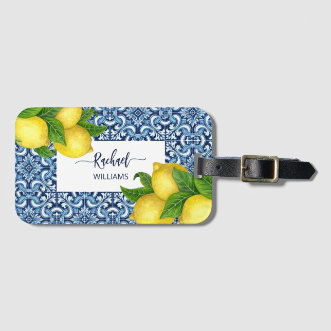 Blå ornat Amalfi italienska plattor och citroner Bagagebricka (Framsida horisontal)