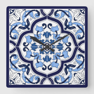 Blå ornate Blommigt Mediterranean Sicilian Tile Fyrkantig Klocka