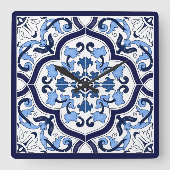 Blå ornate Blommigt Mediterranean Sicilian Tile Fyrkantig Klocka (Framsida)