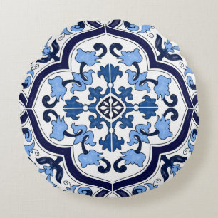 Blå ornate Blommigt Mediterranean Sicilian Tile Rund Kudde
