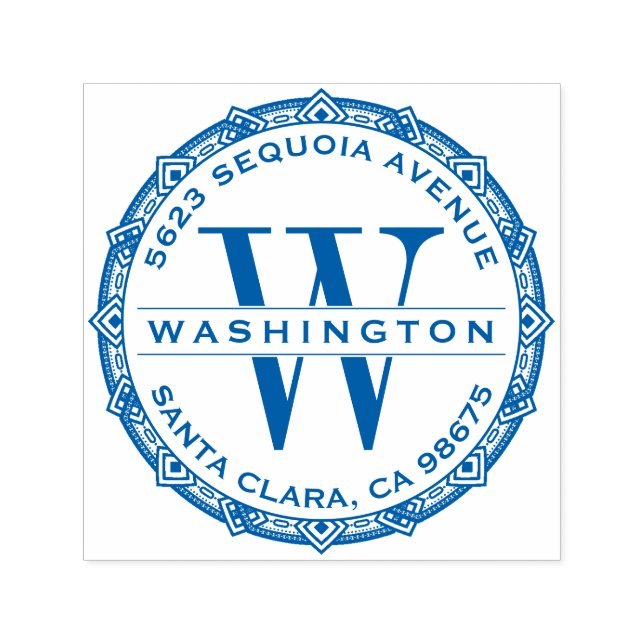 Blå ornate Monogram-familjens Returadress i Namn Självfärgande Stämpel (Design)