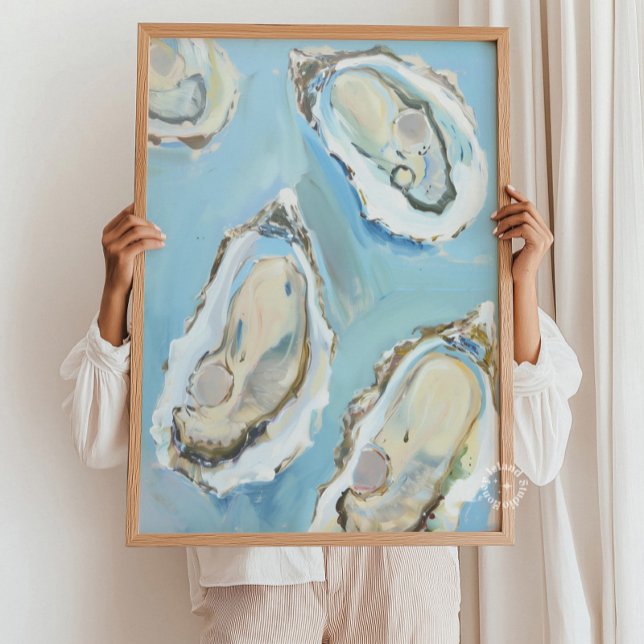 Blå ostrons kök Kustnära hav Havskonst på väggen Poster (Blue Oysters Kitchen Coastal Seafood Wall Art)