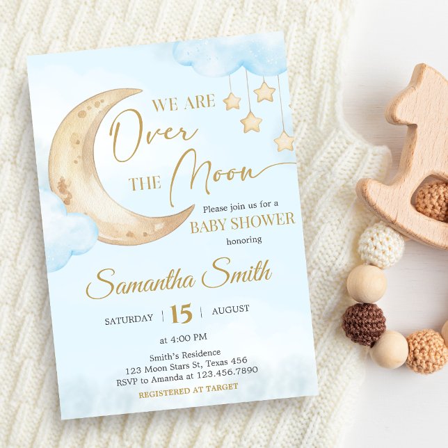 Blå över månbabyfirande  inbjudningar (Over the Moon Baby Shower Invitation)