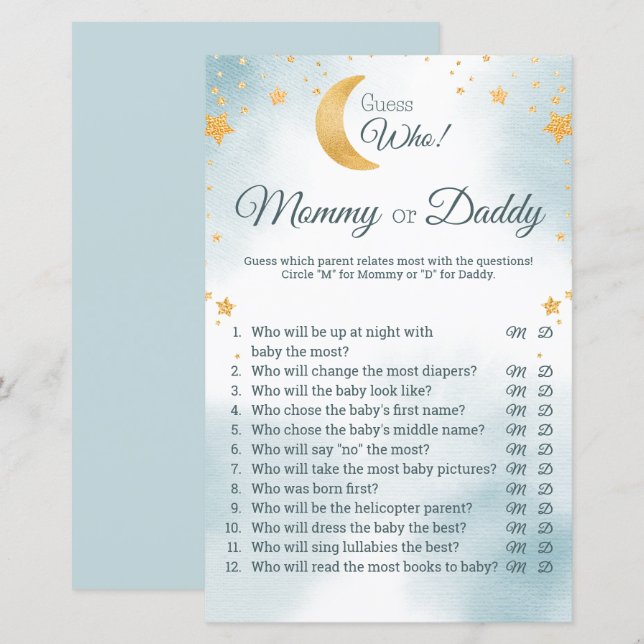 Blå över månen baby shower gissa vem spel (Fram/baksida)