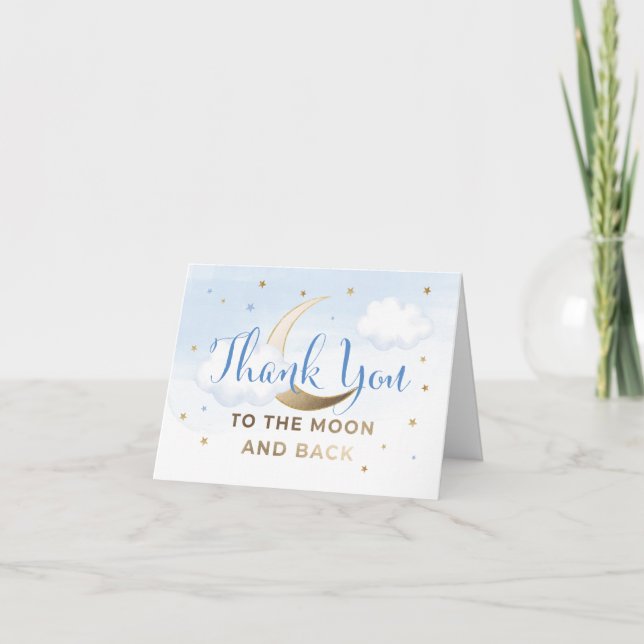 Blå över månen baby shower tackkort (Framsida)