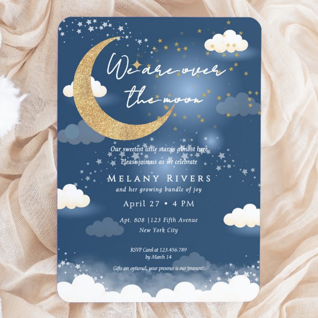 Blå över månen Könsneutrala baby shower Inbjudningar (Blue Over the Moon Gender Neutral Baby Shower Invitation)