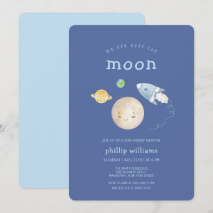Blå över månens rymdskeppsraket Baby Shower Inbjudningar