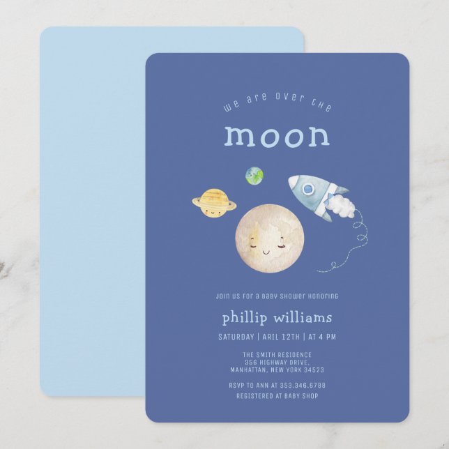 Blå över månens rymdskeppsraket Baby Shower Inbjudningar (Fram/baksida)