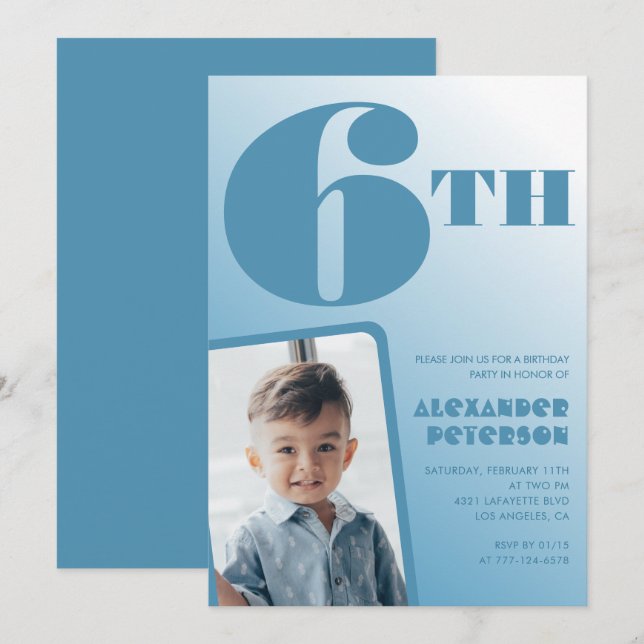 Blå övergång 6-års inbjudningskort Foto (Fram/baksida)
